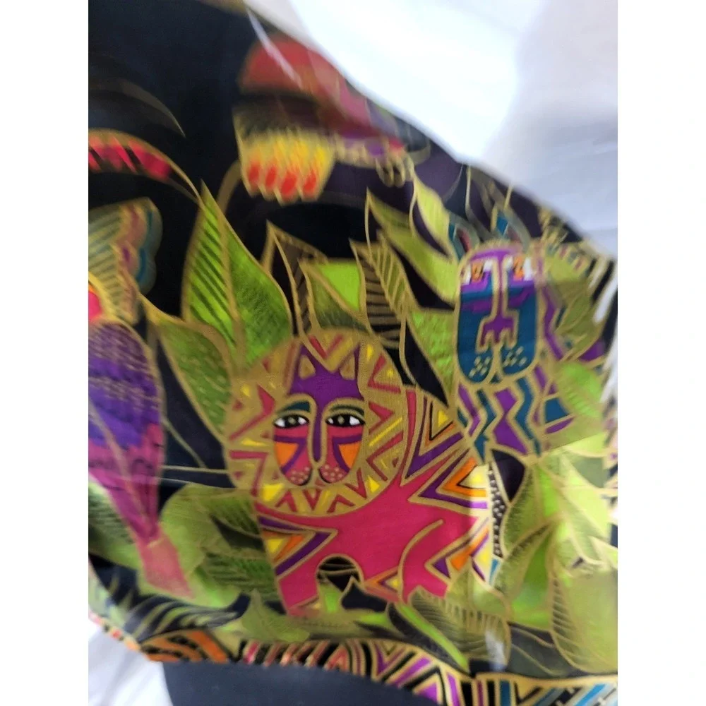 Laurel Burch 100% Silk Scarf Mulitcolor Jungle Cat Bird Snake Beaded Fringe 53